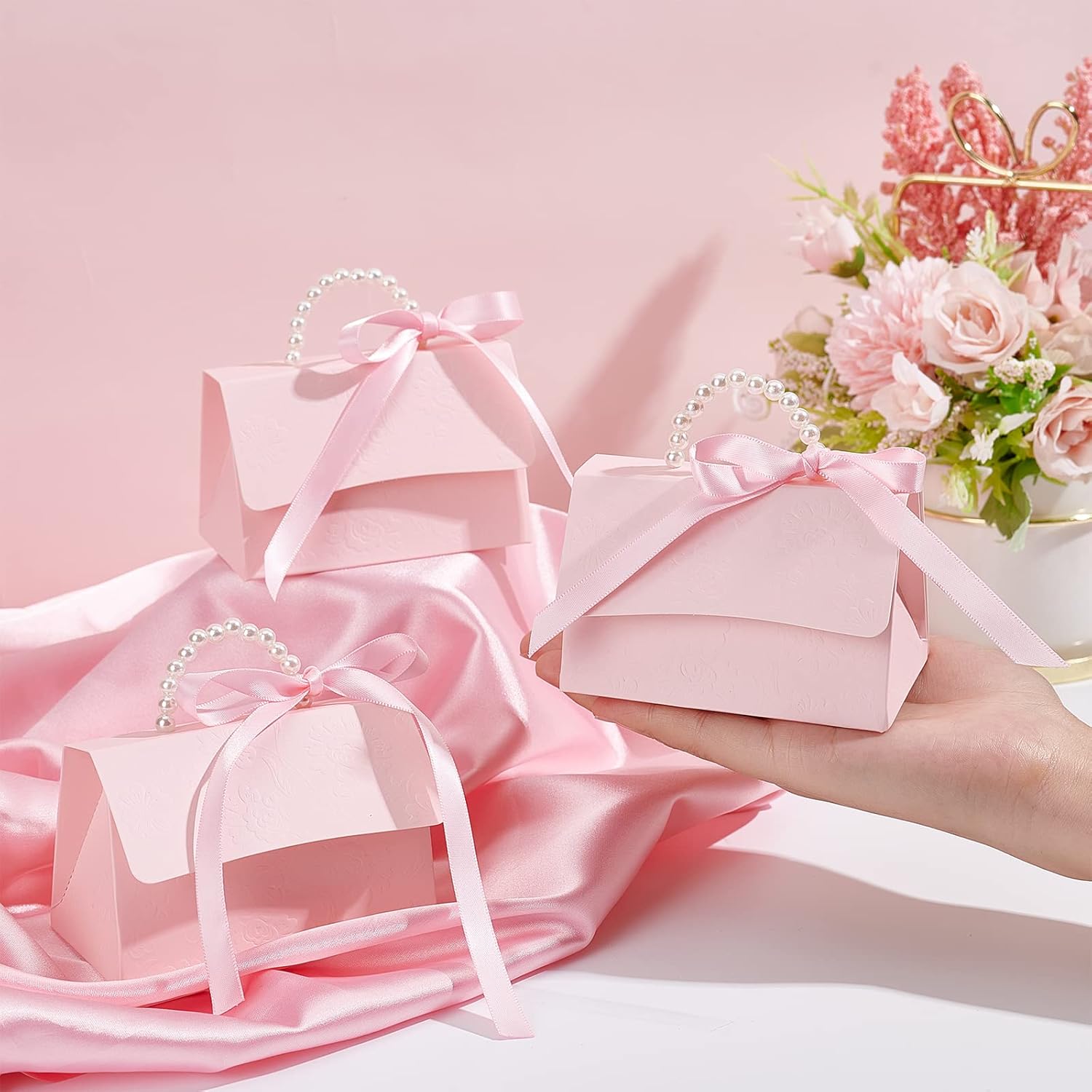 BENECREAT 16Set Pink Kraft Gift Box DIY Kit with Pearl Handle
