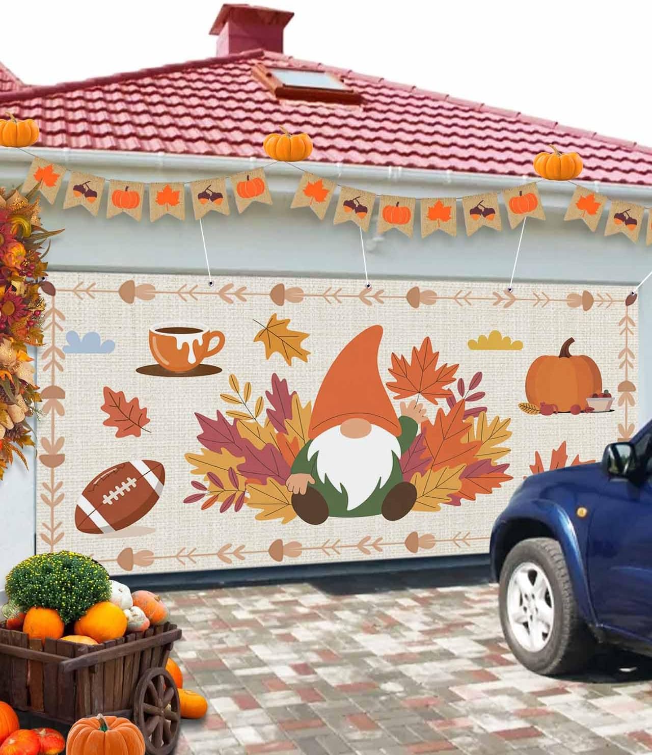 Fall Garage Door Banner 7x8 ft Gnome Pumpkin Decoration