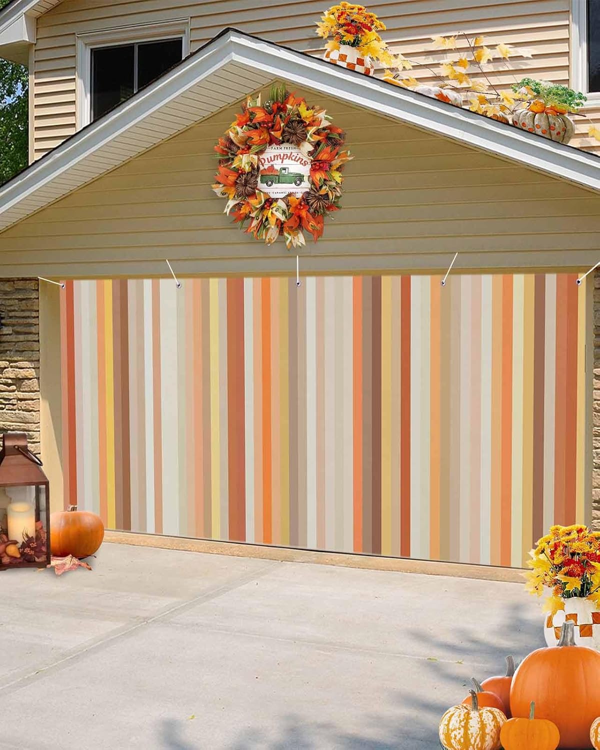 Geometric Orange Stripes Garage Door Cover 7x16ft Modern Decor