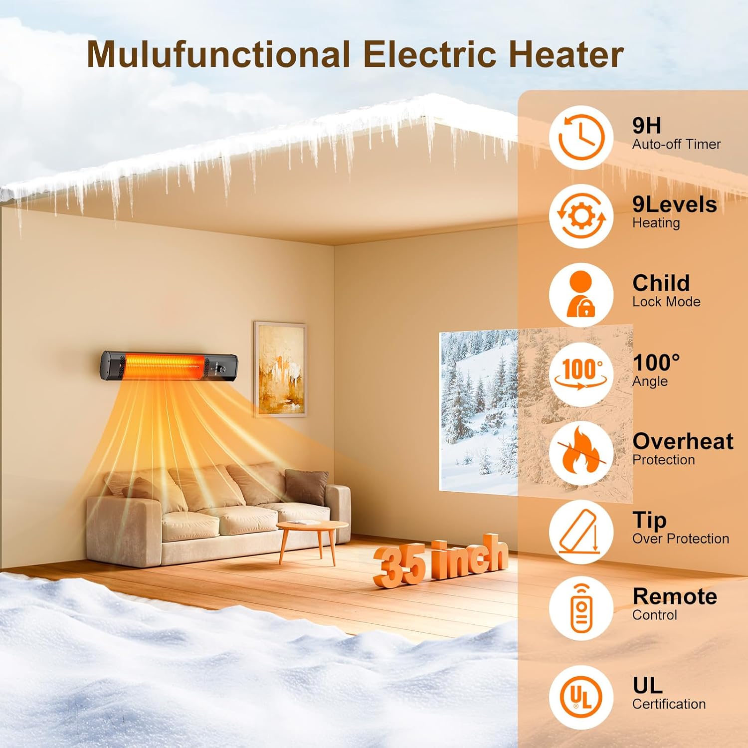 Biesqya Wall Mounted Heater with 9 Heat Levels and Remote Control