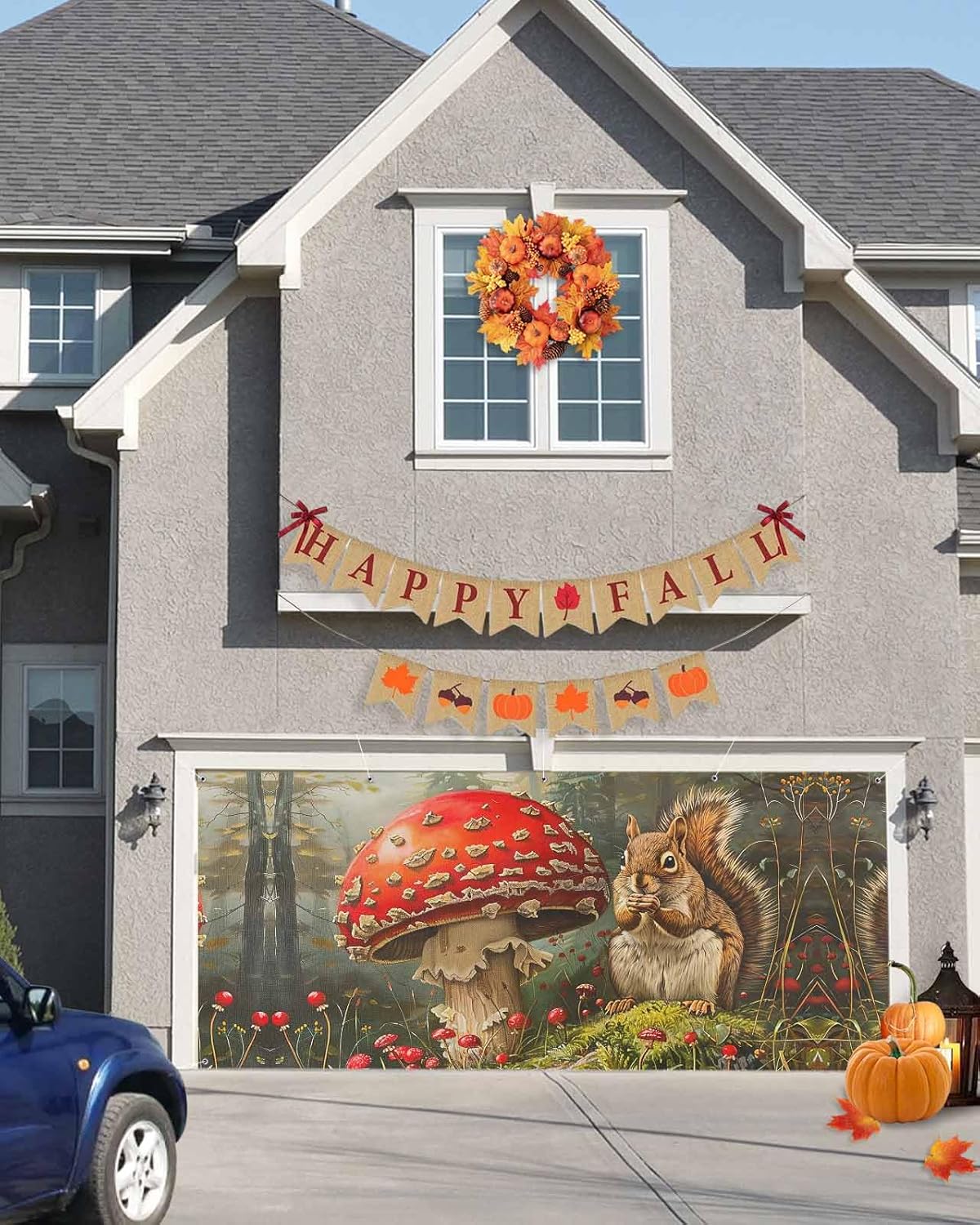 IDOWMAT Fall Squirrel Mushroom Garage Door Cover 7x8ft