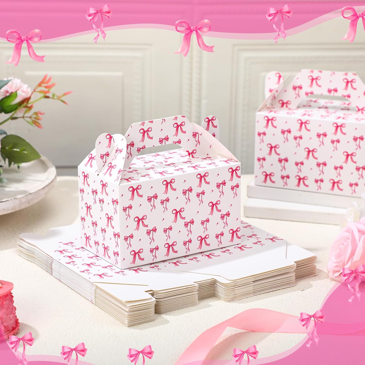 24 Pack Pink Bow Gift Boxes with Handles for Party