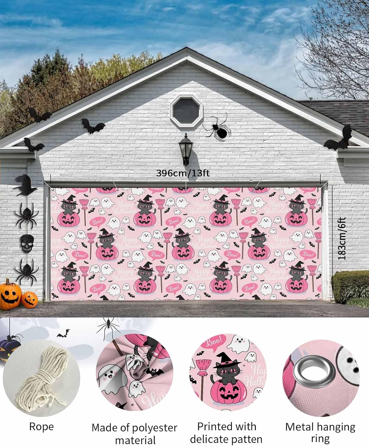 IDOWMAT Cartoon Pumpkin Cat Broom Garage Door Cover 6x13ft