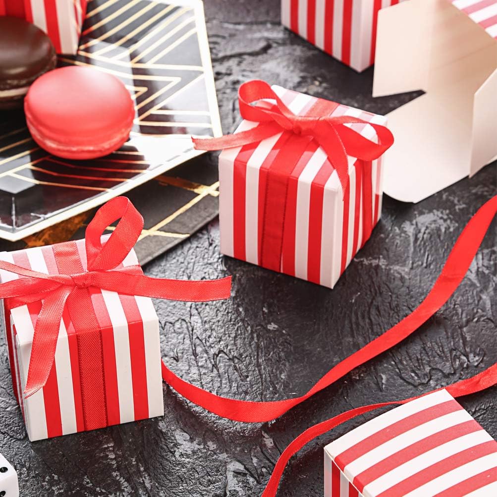 AWELL Small Red Stripes Gift Candy Box with Red Ribbon Pack of 50
