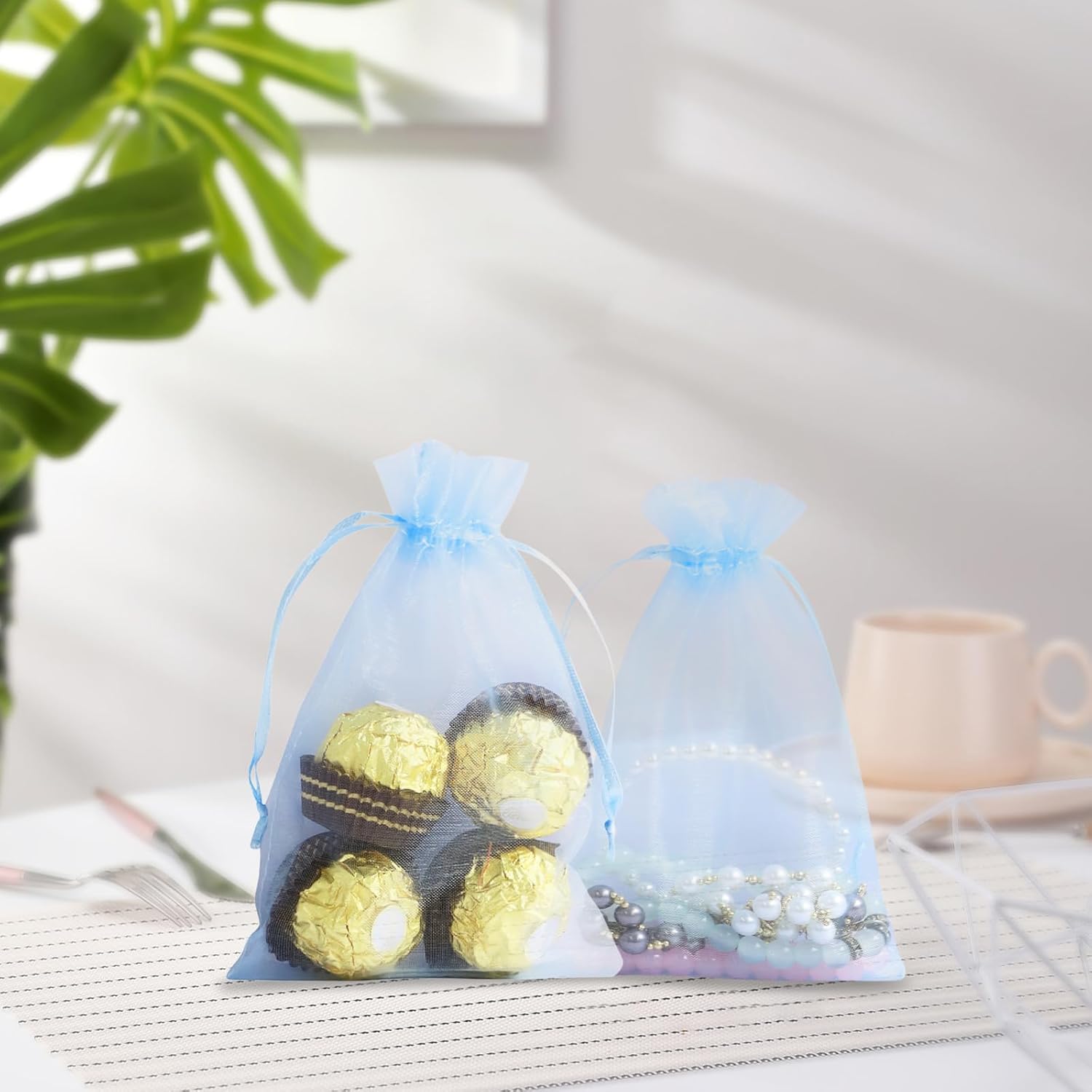 Wudygirl 4x6 Organza Bags with Drawstring 100pc Light Blue
