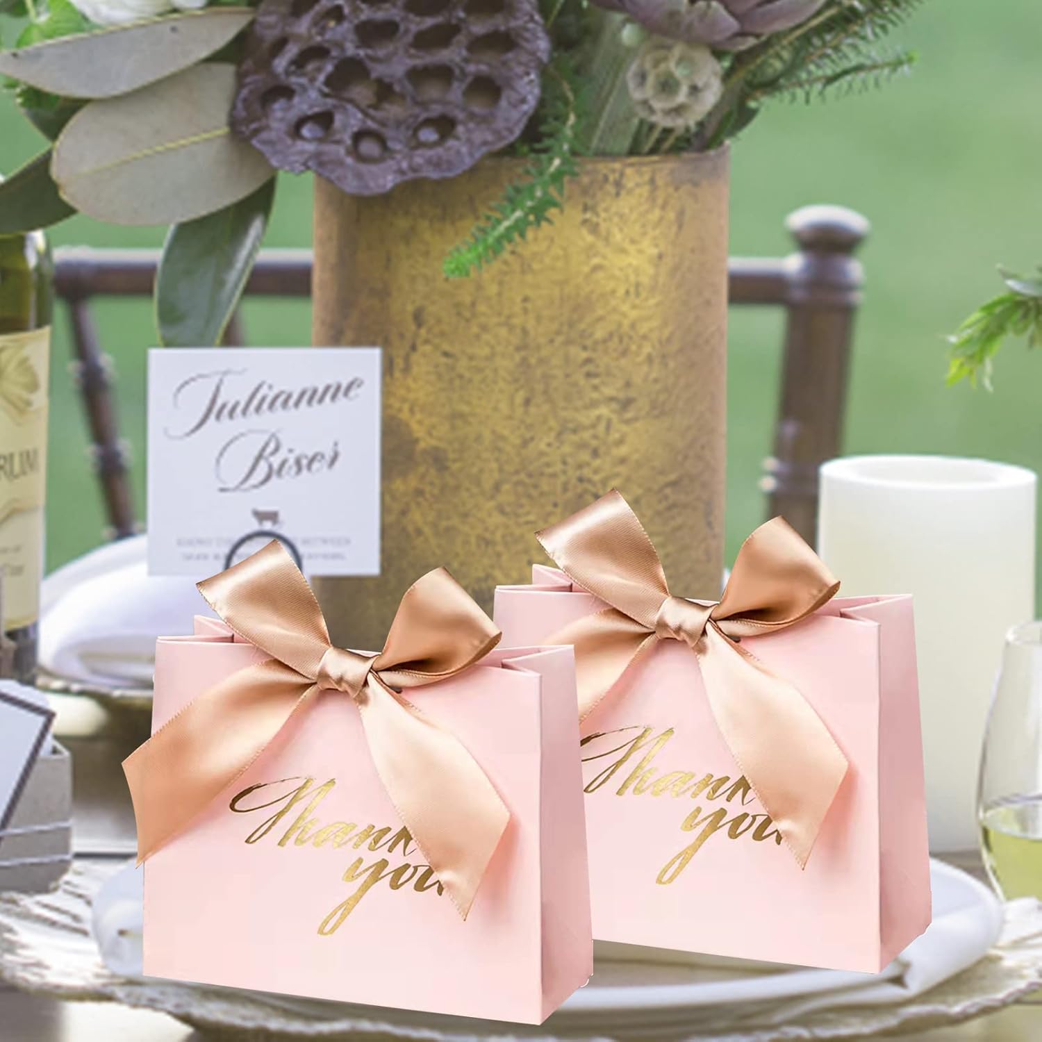 25 Pack Pink Gift Bags with Gold Ribbon