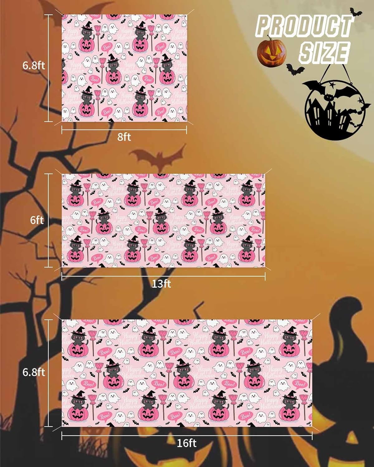IDOWMAT Cartoon Pumpkin Cat Broom Garage Door Cover 6x13ft