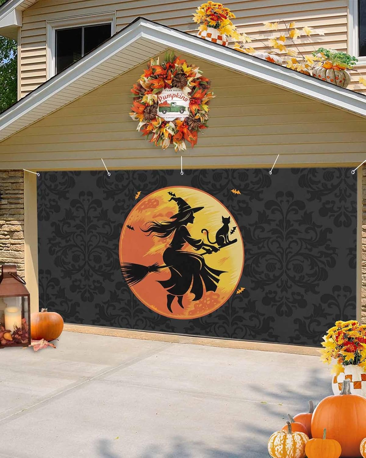 Halloween Black Witch Cat Garage Door Cover 7x8ft