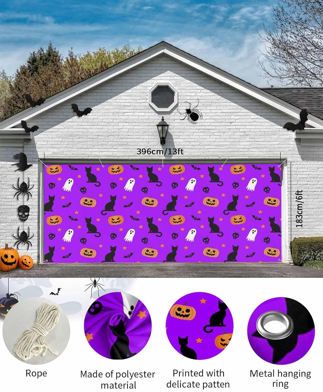 Halloween Ghost Pumpkin Garage Door Cover 7x8ft Purple