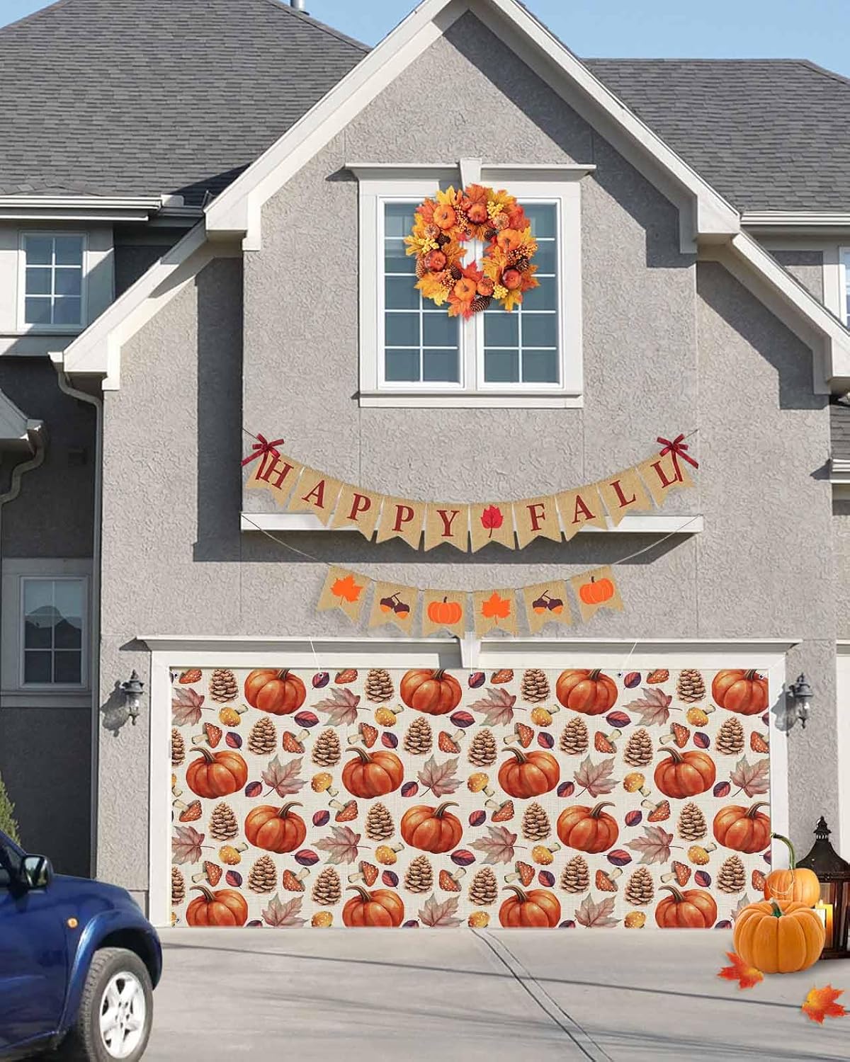 IDOWMAT Autumn Pumpkin Maple Leaf Garage Door Cover 7x8ft