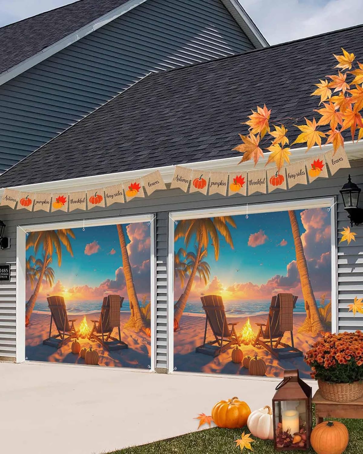 Autumn Bonfire Chair Garage Door Cover 7x8ft with Grommets