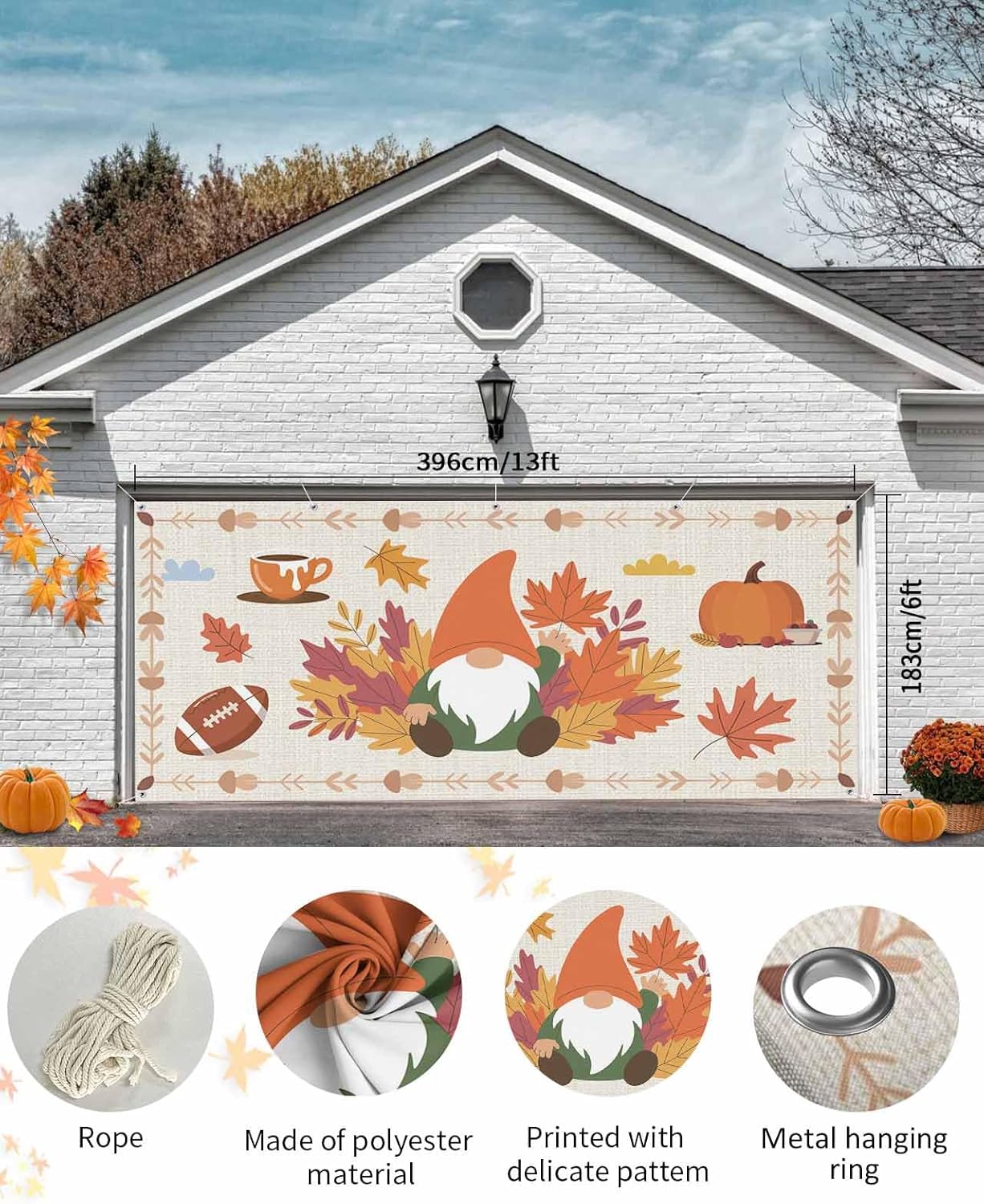 Fall Garage Door Banner 7x8 ft Gnome Pumpkin Decoration