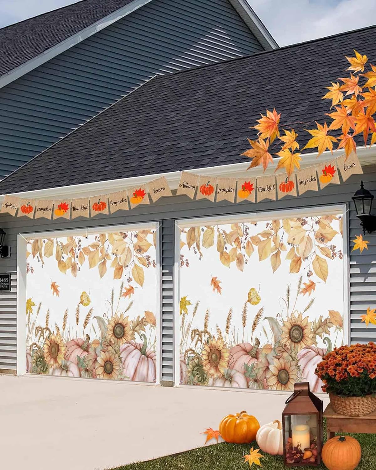 IDOWMAT Autumn Pumpkin Sunflower Garage Door Cover 7x8ft