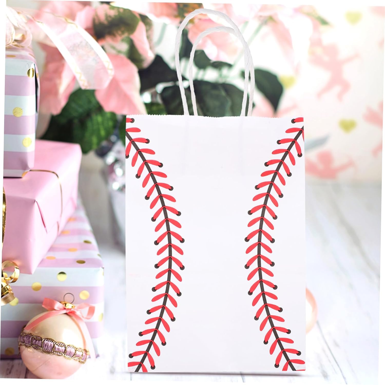 SHOWERORO 12pcs White Kraft Paper Baseball Party Bags