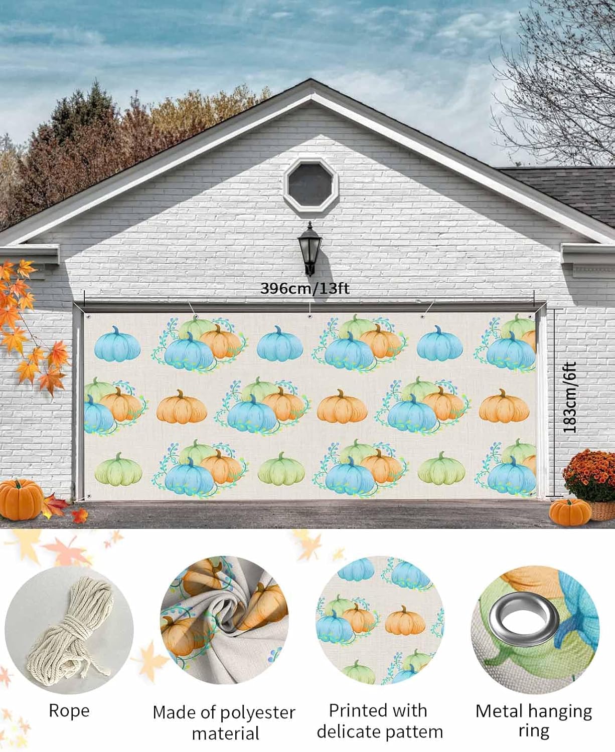 IDOWMAT Fall Thanksgiving Field Pumpkin Garage Door Cover 7x8ft Green