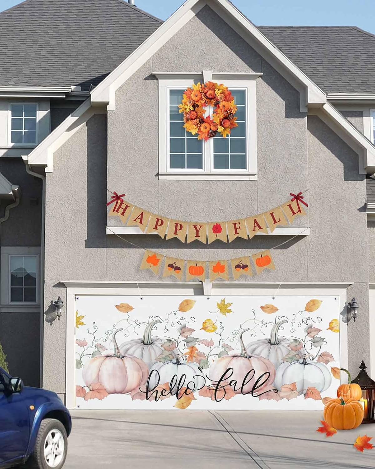 IDOWMAT Fall Thanksgiving Pumpkin Vine Leaf Garage Door Cover 7x8ft