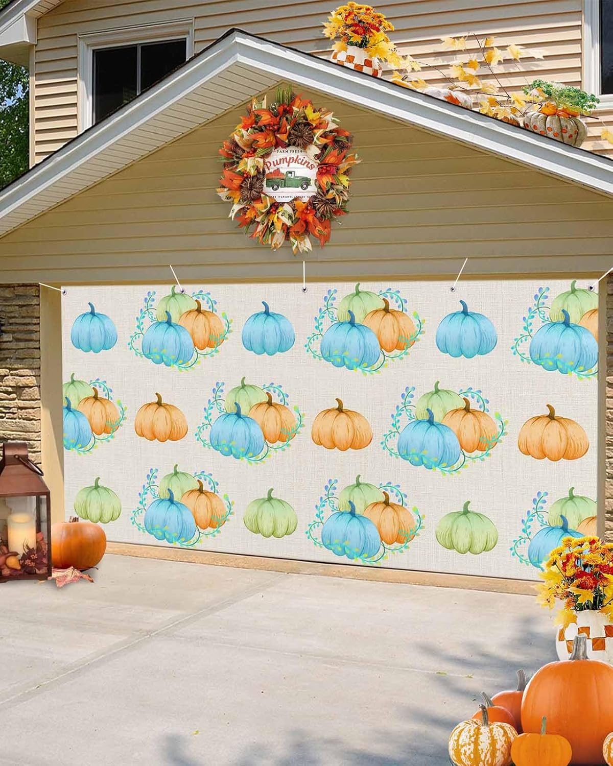 IDOWMAT Fall Thanksgiving Field Pumpkin Garage Door Cover 7x8ft Green
