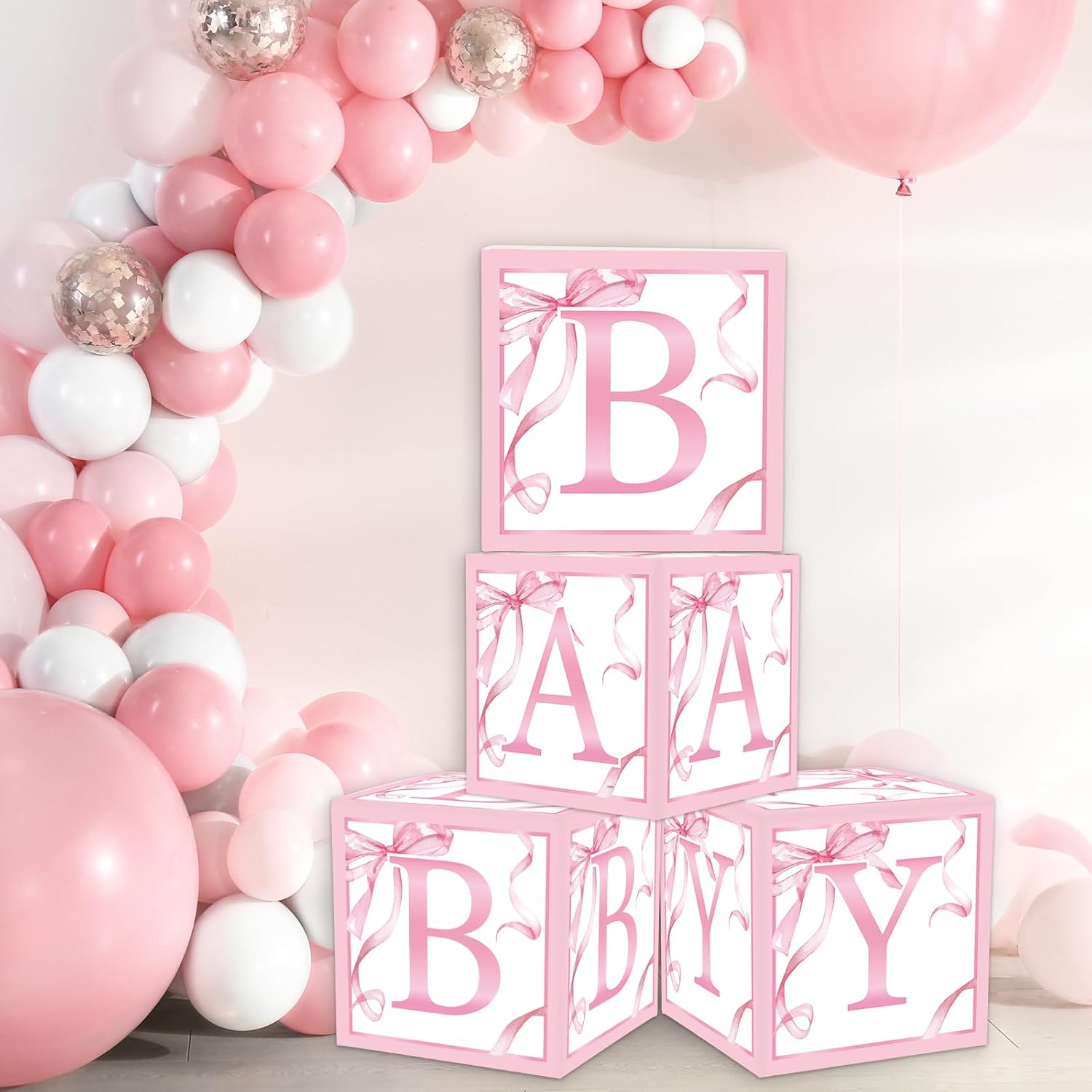 FYSUIMU 4Pcs Baby Shower Letter Box with Pink Bow Balloons