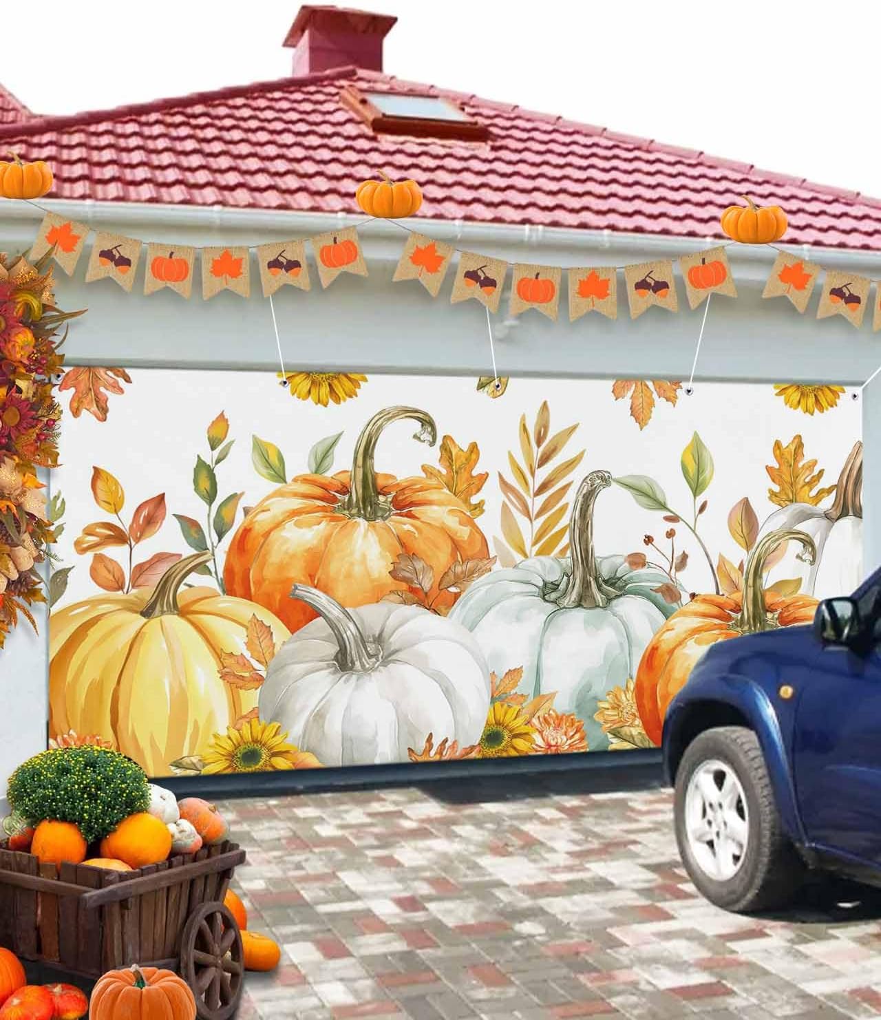 Thanksgiving Fall Pumpkin Floral Garage Door Cover 7x8ft