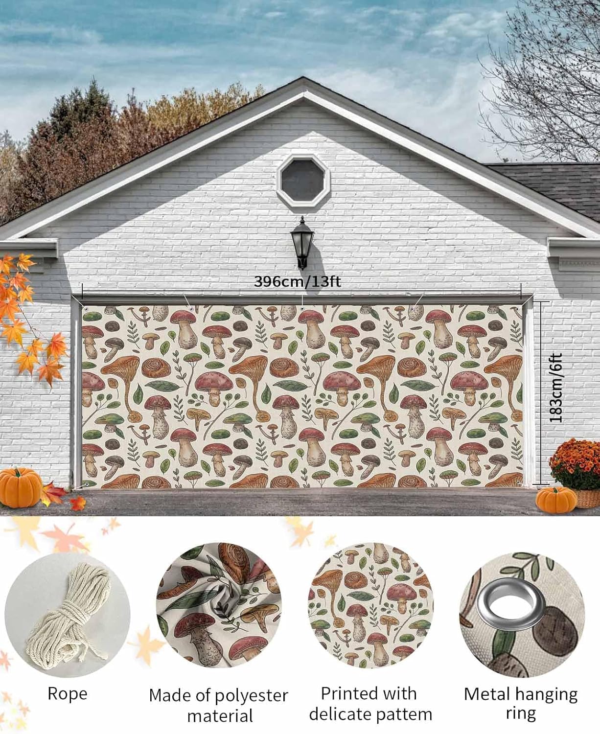 Brown Mushroom Green Leaves Retro Garage Door Cover 7x8ft