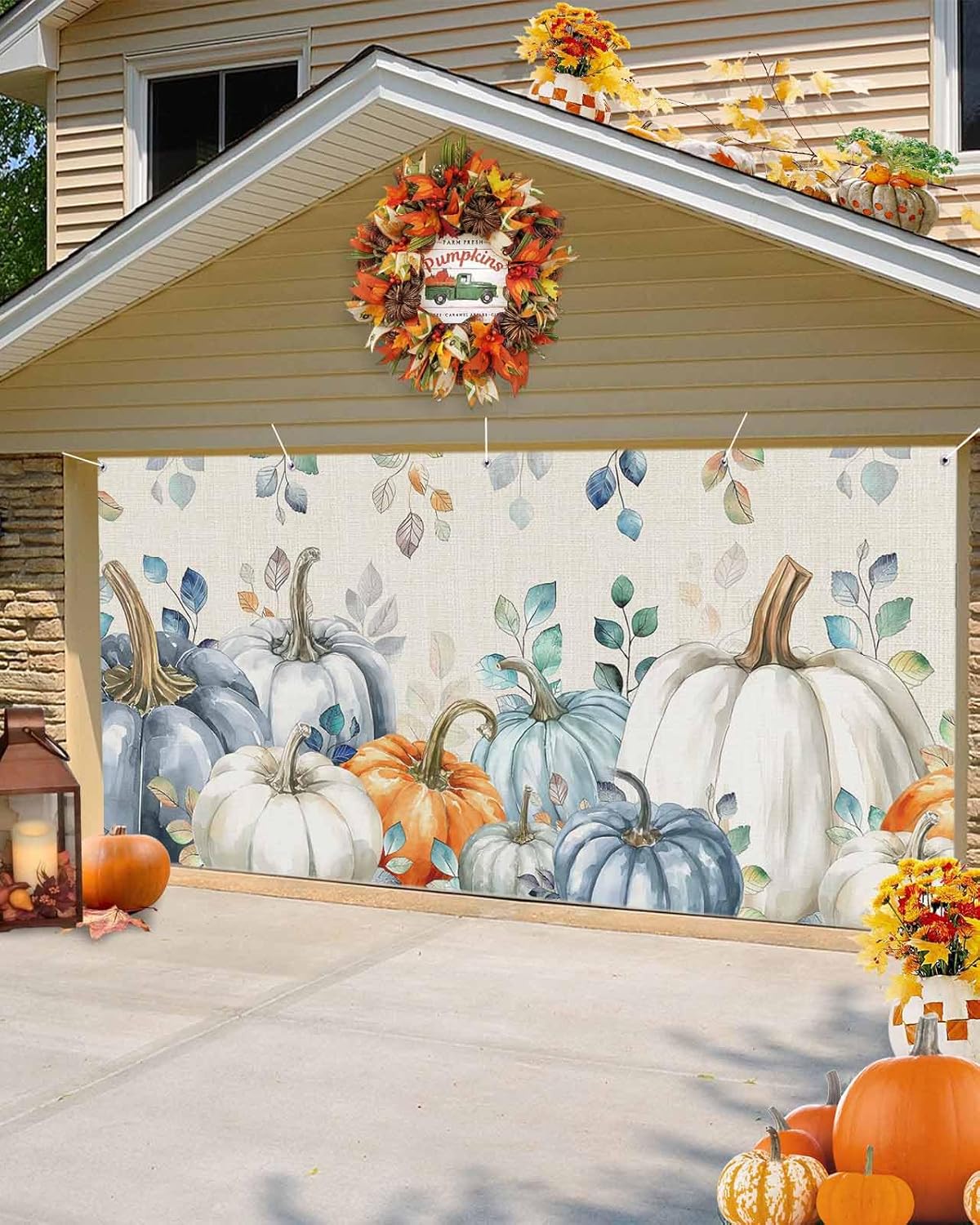 Autumn Pumpkin Garage Door Cover 7x8ft Blue Eucalyptus Leaves Hanging Banner