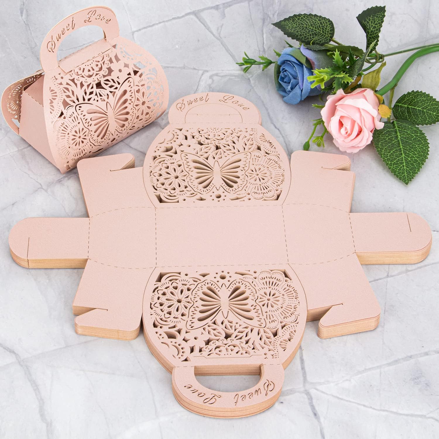 25PCS Pink Laser Cut Favor Boxes with Handle