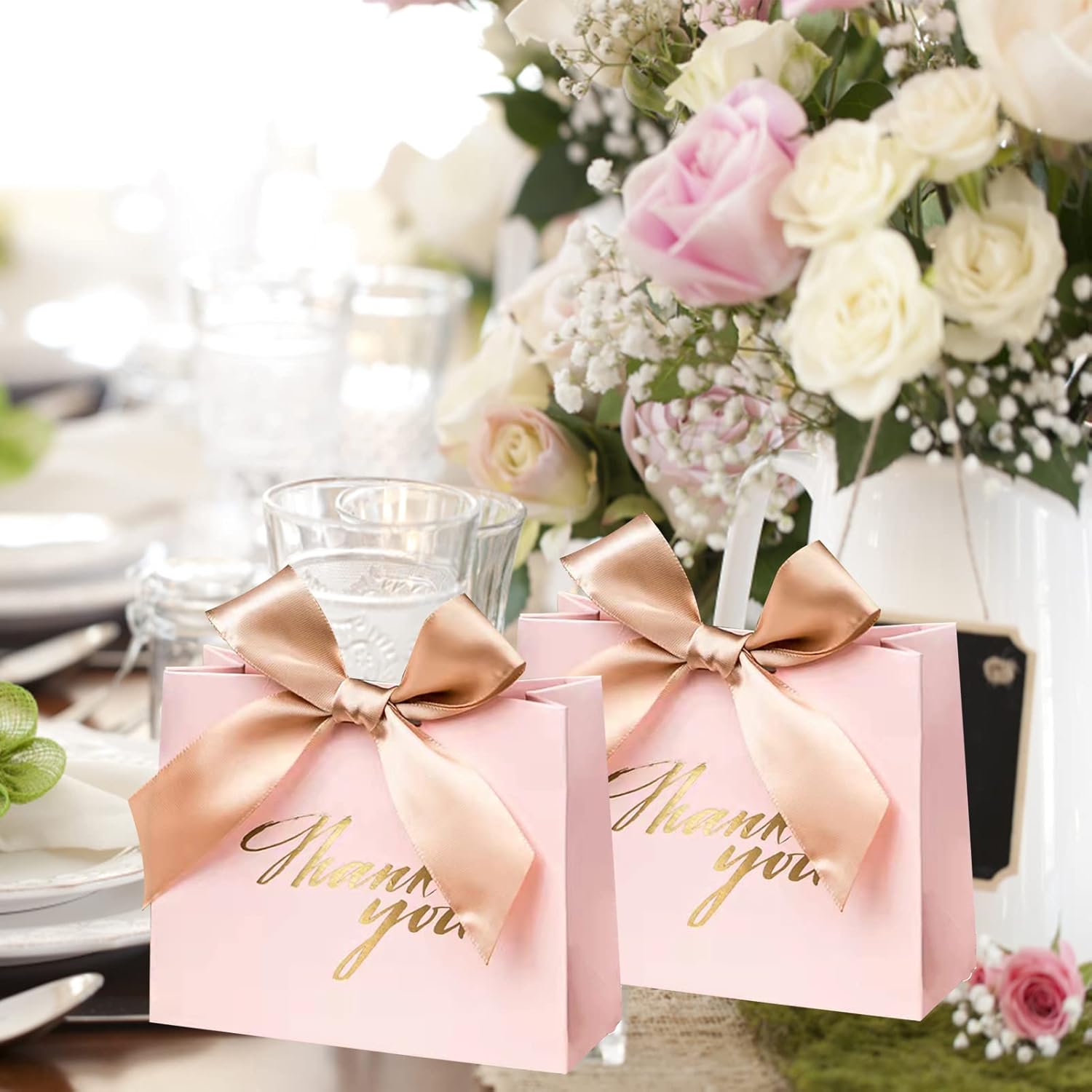 25 Pack Pink Gift Bags with Gold Ribbon