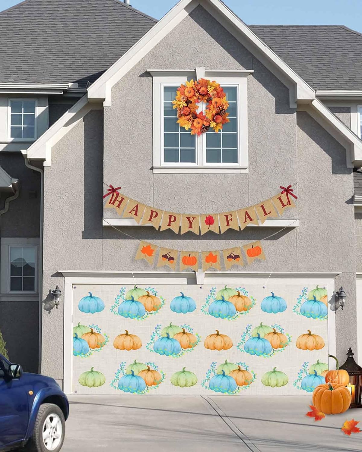 IDOWMAT Fall Thanksgiving Field Pumpkin Garage Door Cover 7x8ft Green