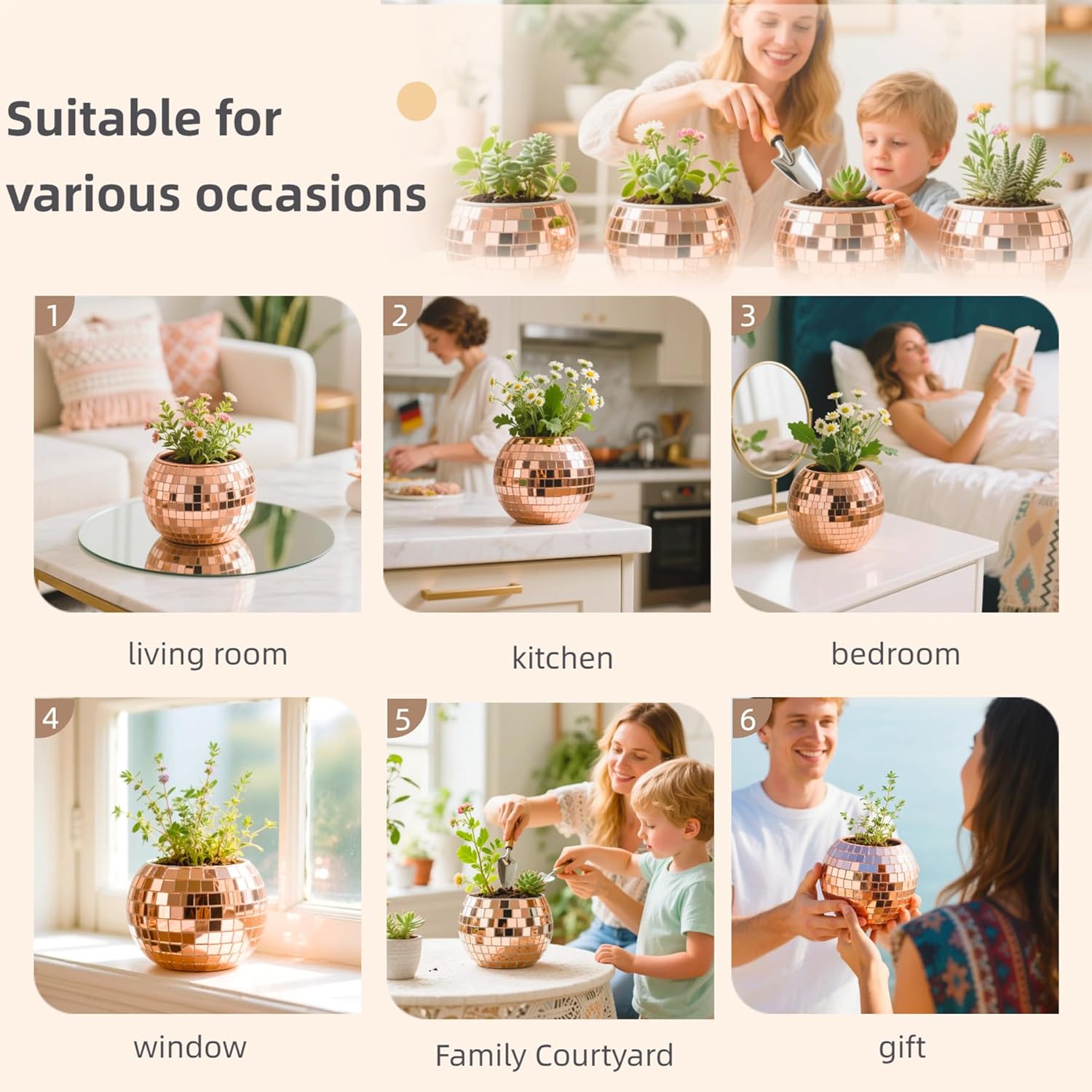 Rose Gold Mirror Disco Ball Vase Planter