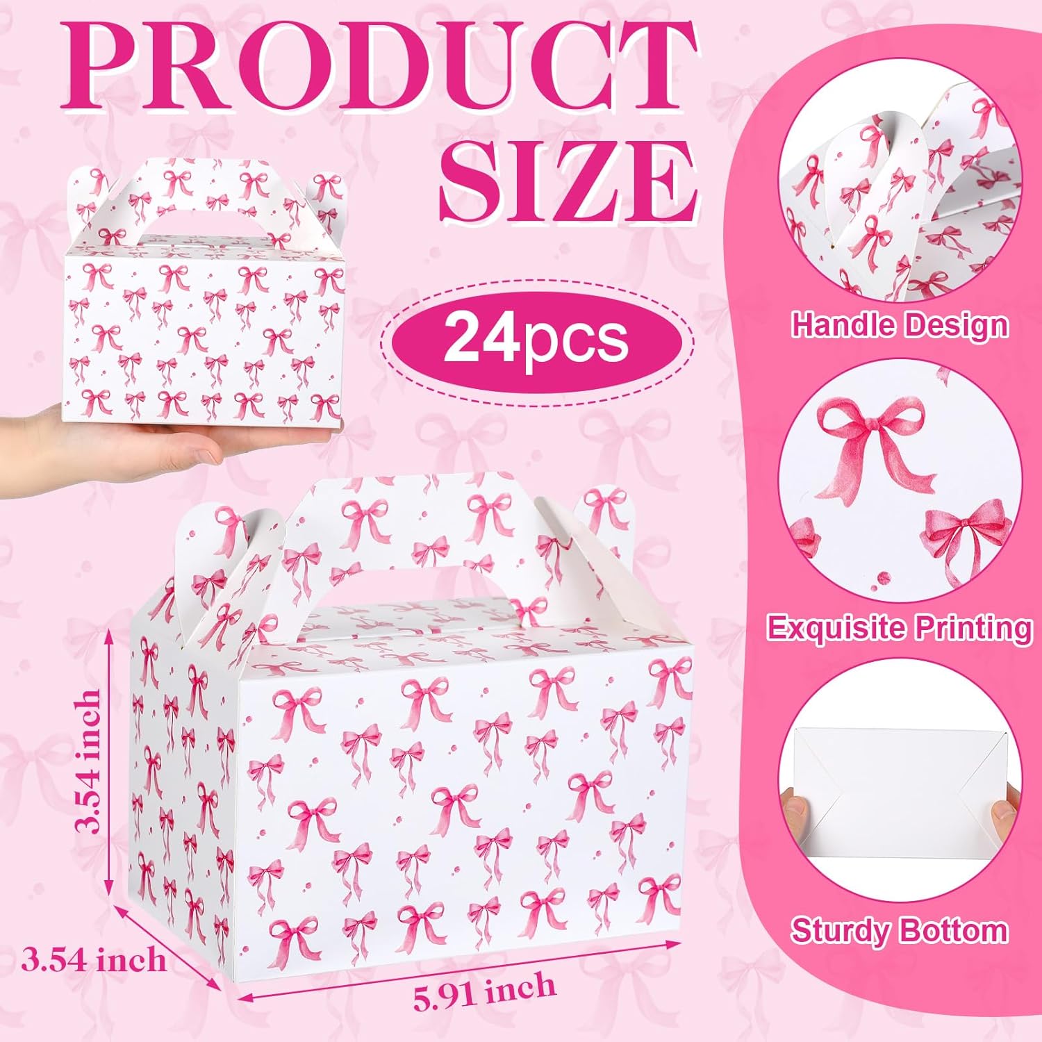 24 Pack Pink Bow Gift Boxes with Handles for Party