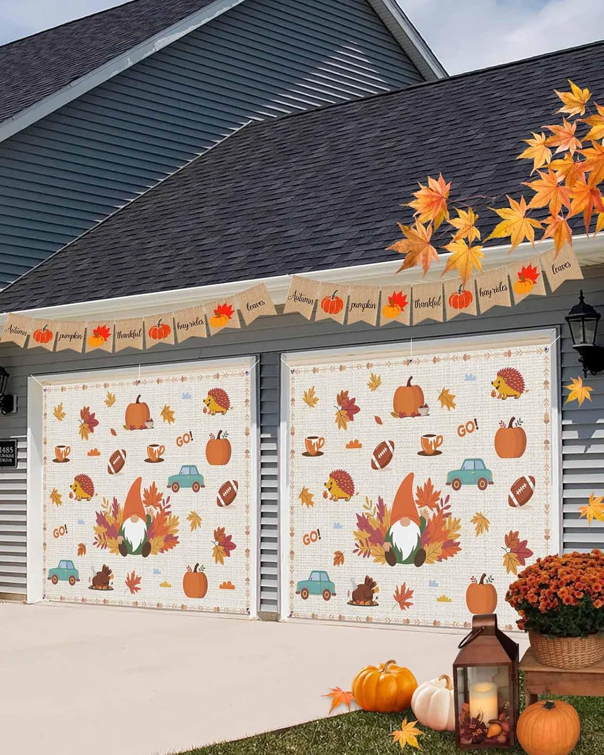 Fall Garage Door Banner 7x8 ft Gnome Pumpkin Decoration