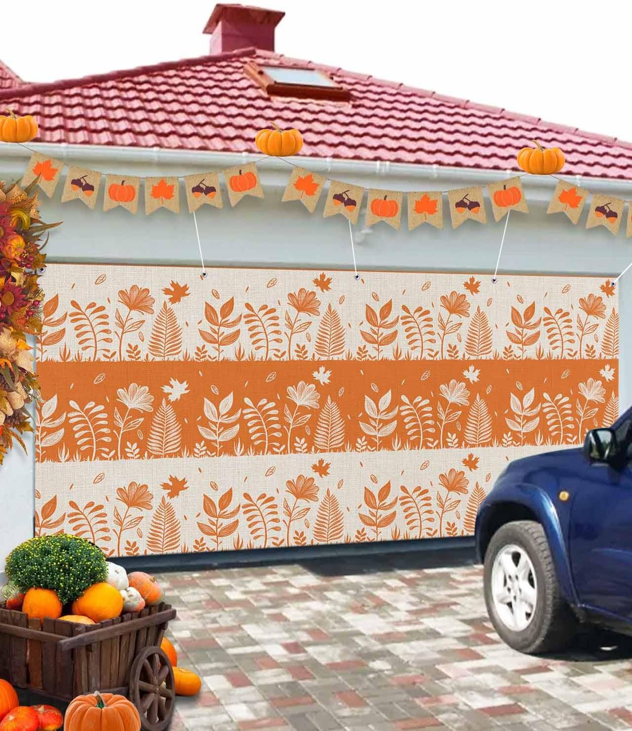 IDOWMAT Autumn Flower Leaf Garage Door Cover 7x16ft