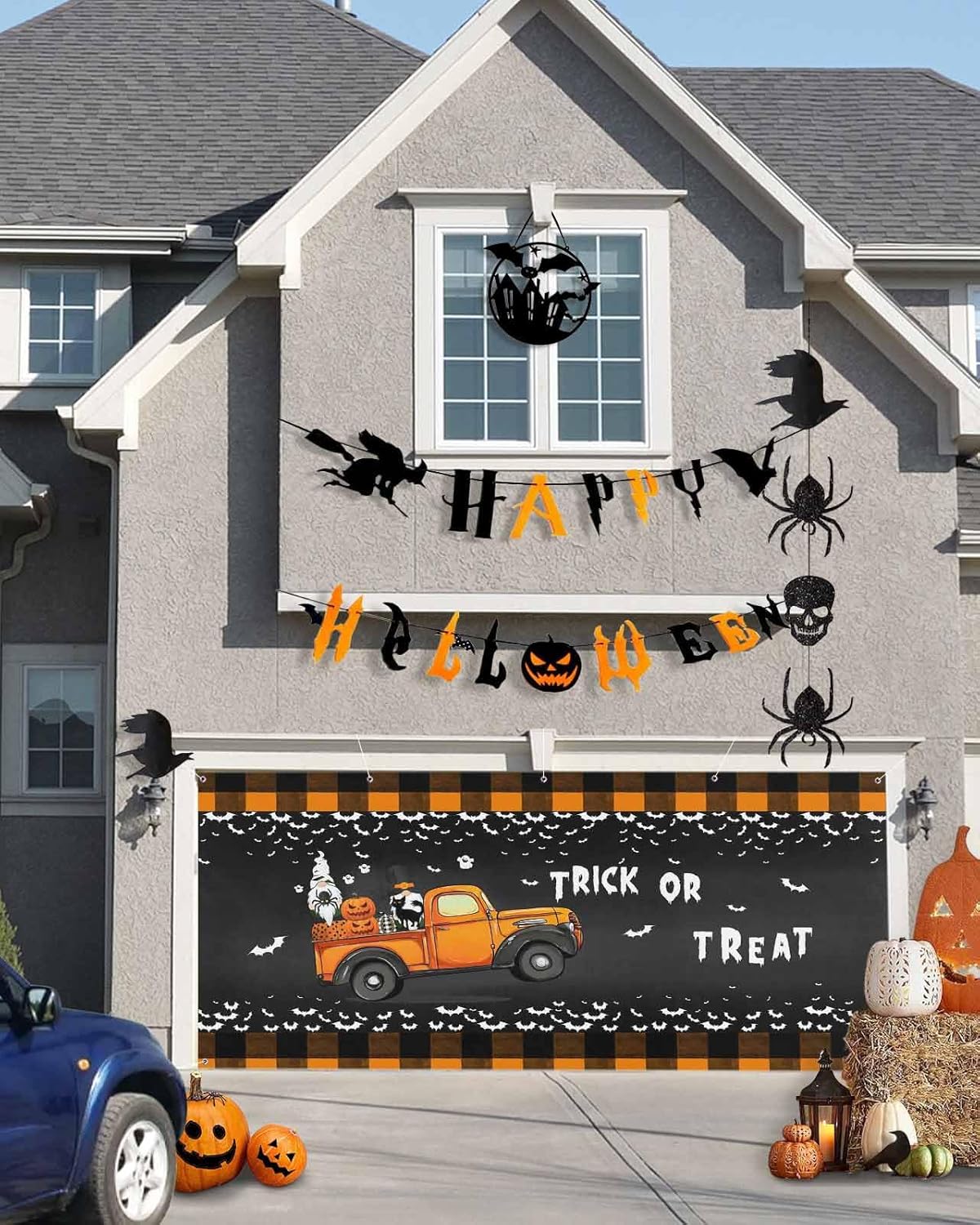 Halloween Bats Garages Door Cover 7x8ft with Hanging Ropes