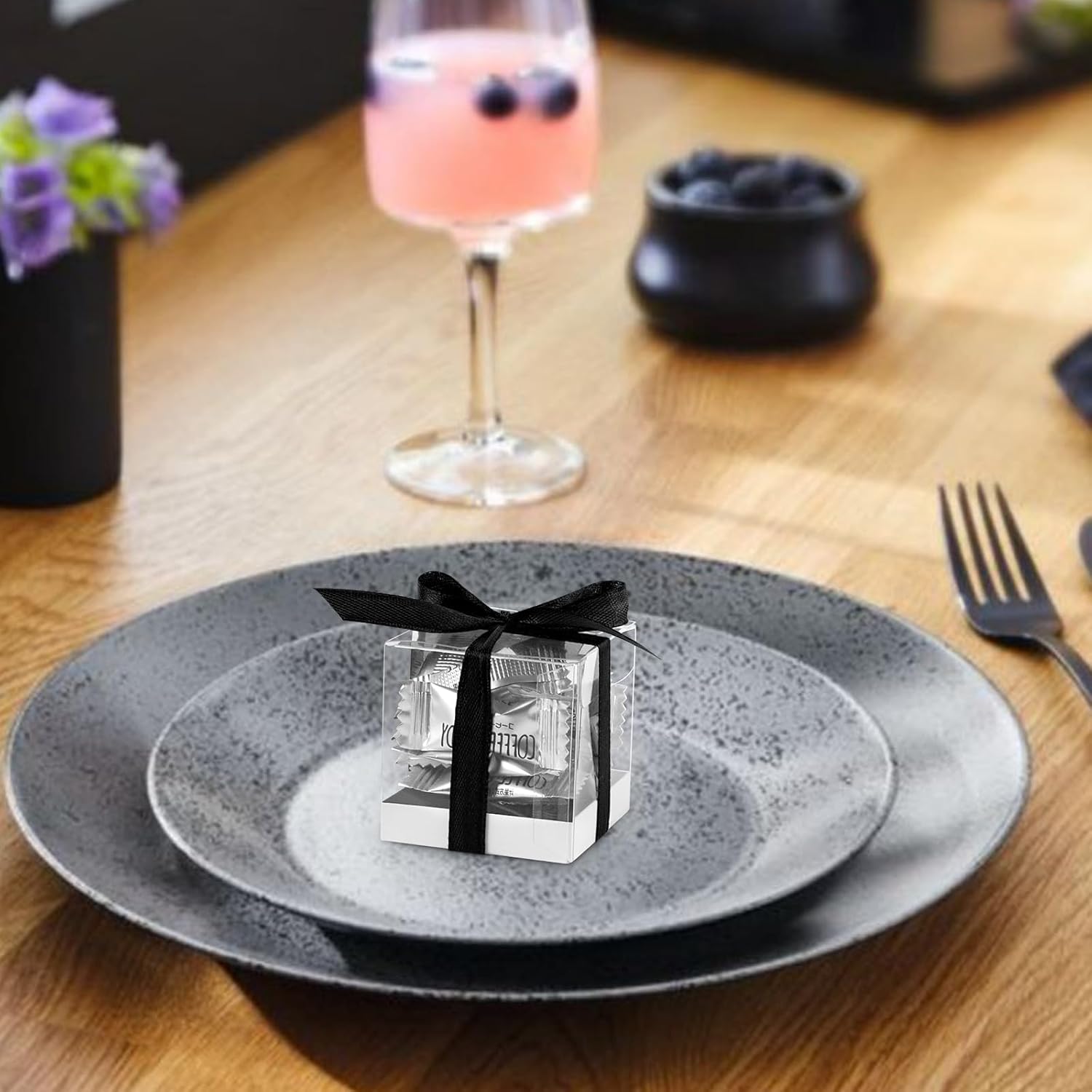 Hxezoc 50 Pack Clear Favor Boxes 2x2x2 Inches with Black Ribbons