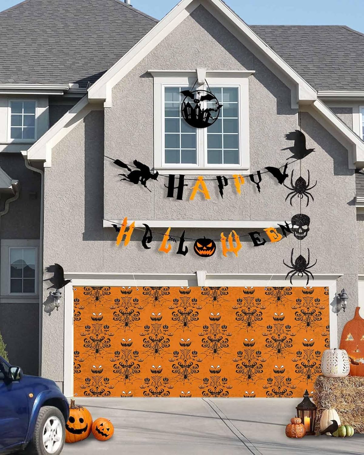IDOWMAT Halloween Ghost Face and Spiders Web Garage Door Cover 7x16ft