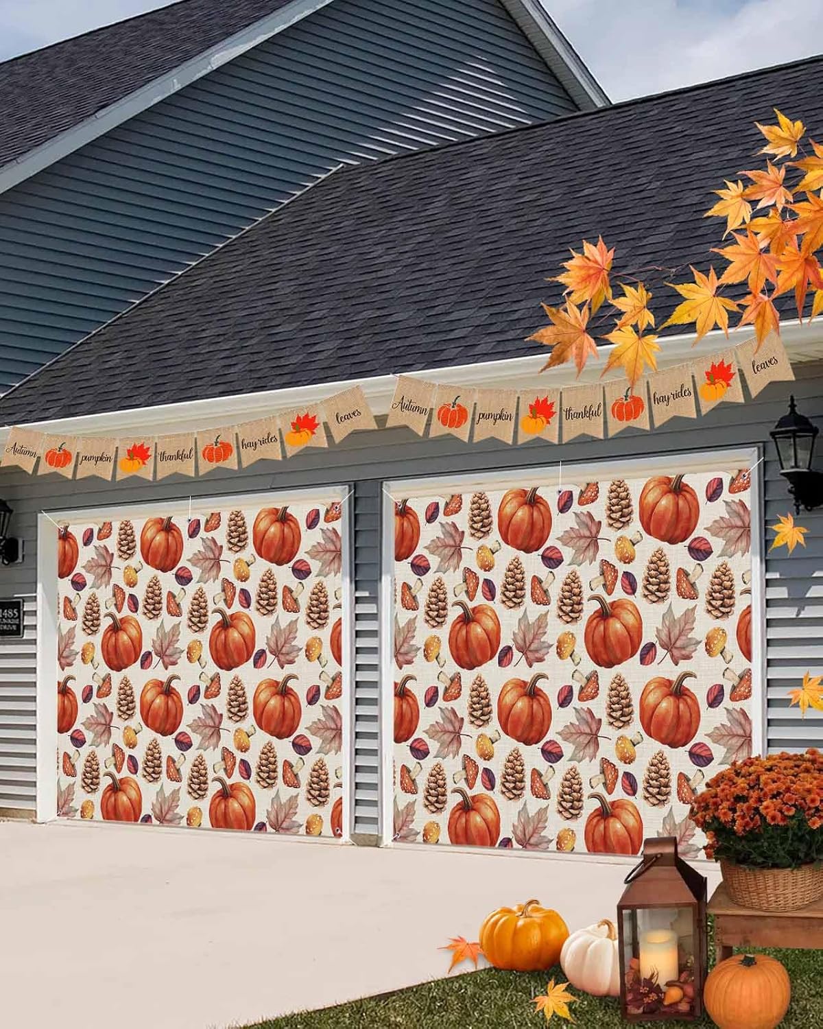 IDOWMAT Autumn Pumpkin Maple Leaf Garage Door Cover 7x8ft