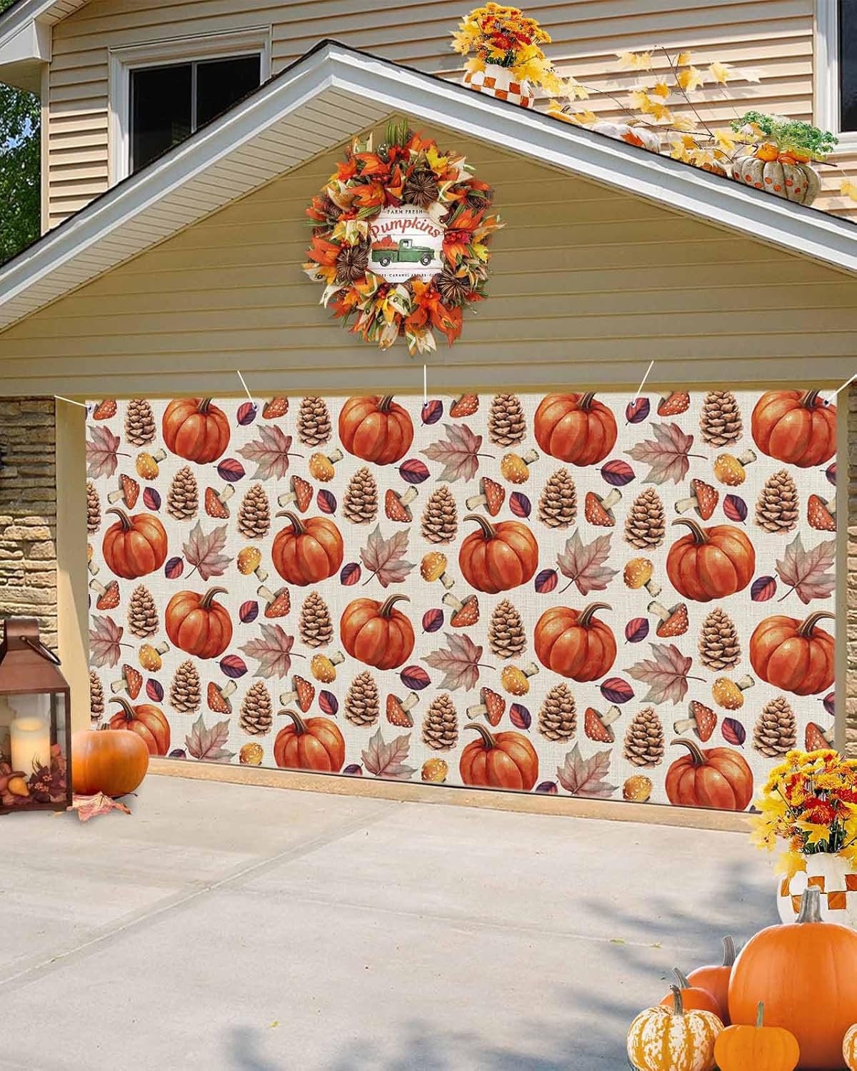 IDOWMAT Autumn Pumpkin Maple Leaf Garage Door Cover 7x8ft