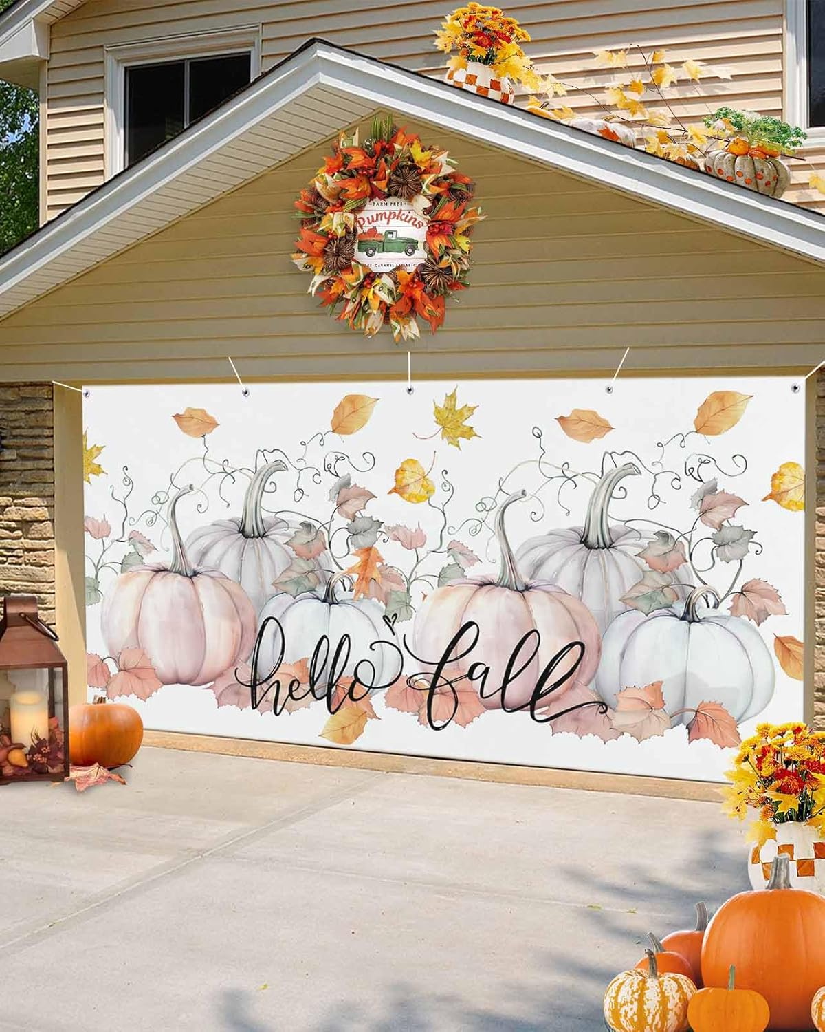 IDOWMAT Fall Thanksgiving Pumpkin Vine Leaf Garage Door Cover 7x8ft