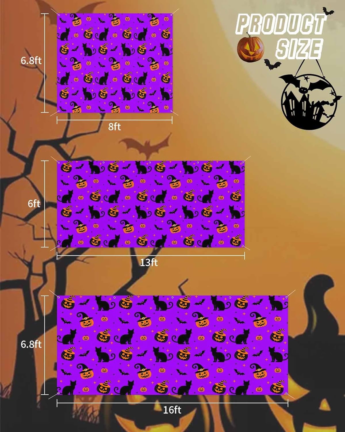 Halloween Cat Pumpkin Ghost Face Bat Garage Door Cover 7x8ft Purple