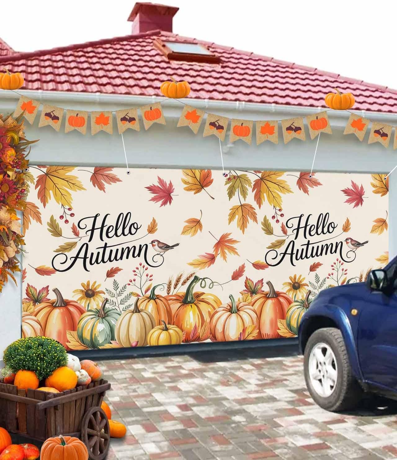 Fall Garage Door Banner 7x8 ft Hello Autumn Decor