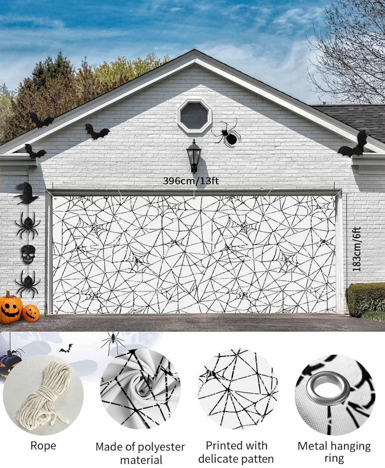 Scary Halloween Black Cobweb Garage Door Cover 7x8ft 1
