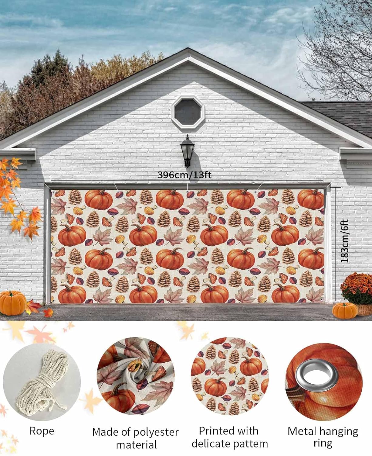 IDOWMAT Autumn Pumpkin Maple Leaf Garage Door Cover 7x8ft