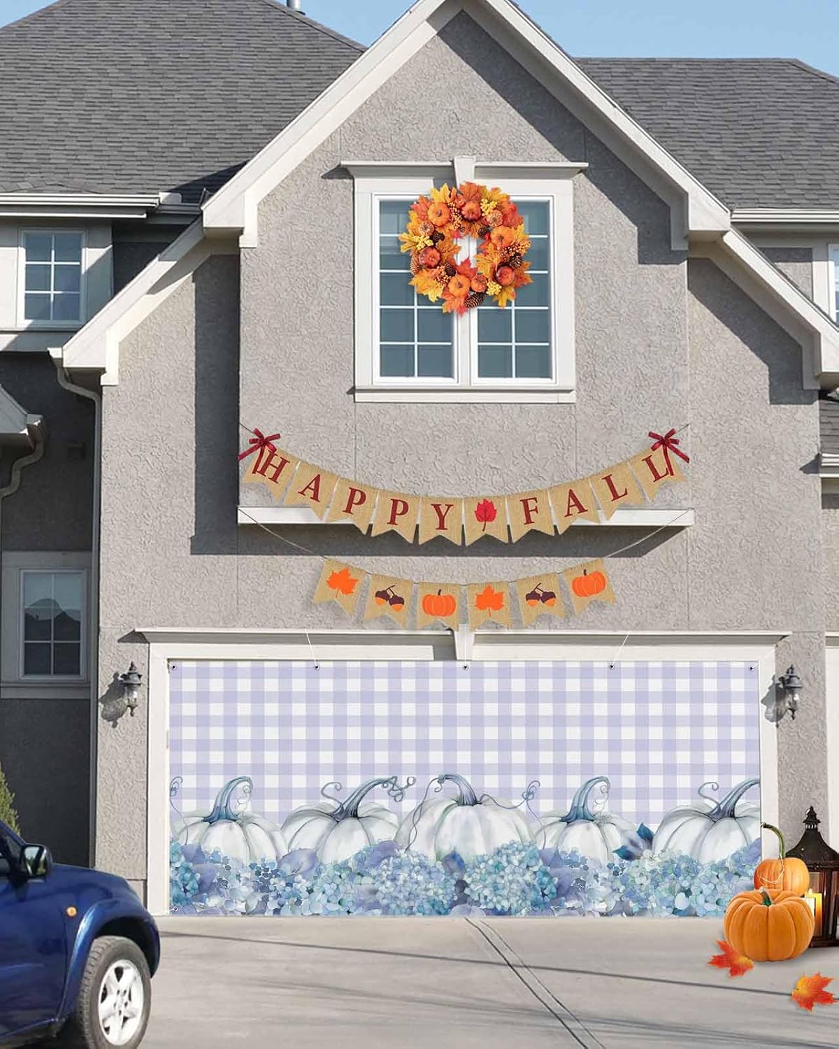 IDOWMAT Fall Thanksgiving Pumpkin Hydrangea Floral Garage Door Cover 6x13ft