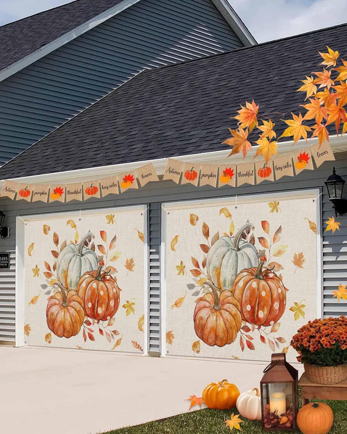Fall Orange Pumpkin Harvest Burlap Garage Door Cover 7x8ft