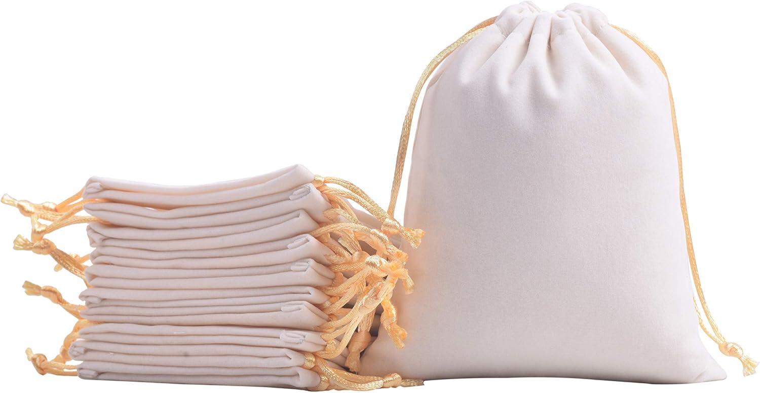 Sansam 50pcs Cream Velvet Drawstring Bags for Jewelry and Gifts