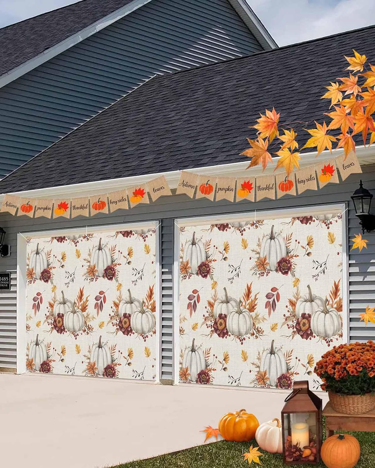 Thanksgiving Pumpkins Maple Leaf Garage Door Cover 7x8ft