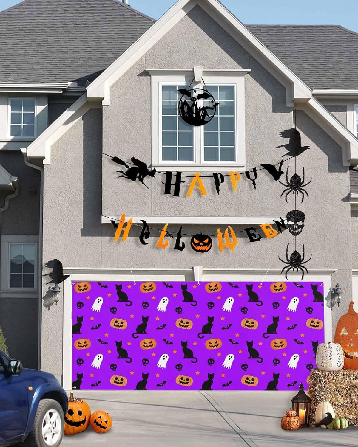 Halloween Ghost Pumpkin Garage Door Cover 7x8ft Purple