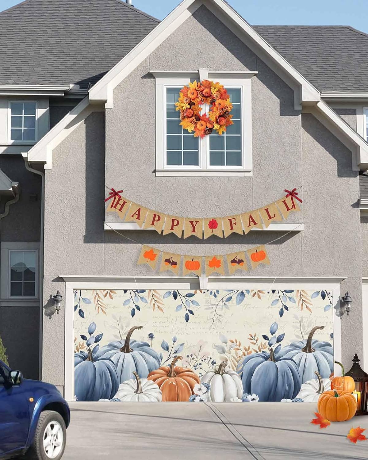 IDOWMAT Blue Pumpkin Autumn Leaves Butterfly Garage Door Cover 7x8ft