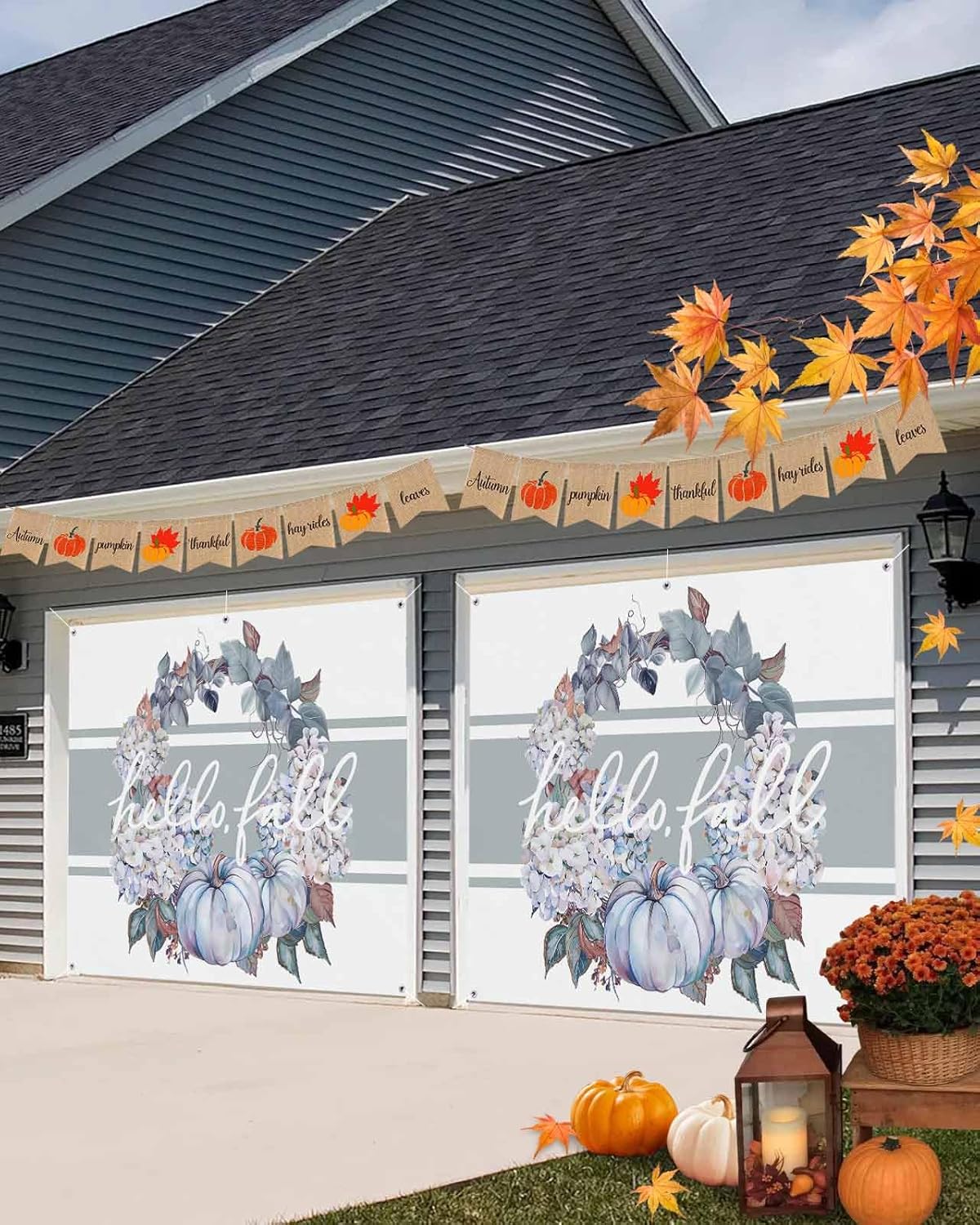 Thanksgiving Pumpkin Floral Garland Garage Door Cover 7x8ft