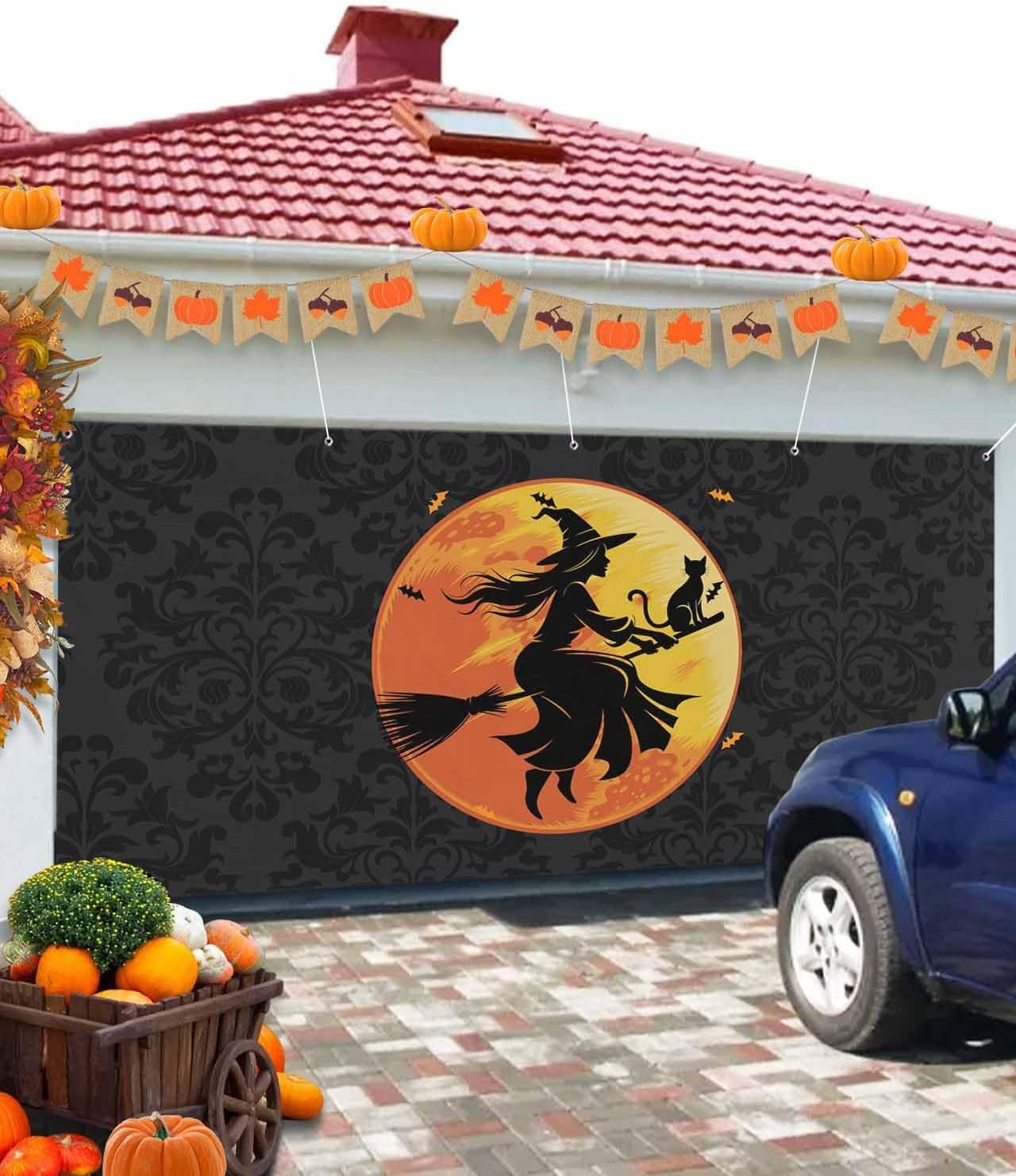 Halloween Black Witch Cat Garage Door Cover 7x8ft